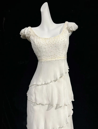 Cute A Line Square Neck White Chiffon With Beads Prom Dresses Formal Outfits RB3939