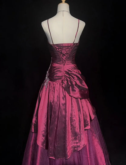 Robes de bal de promo vintage, robe de bal, bretelles spaghetti, fuchsia, sans manches, taffetas, années 90, longue robe de soirée N2878