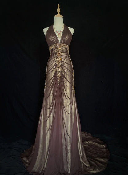 Vintage Ballkleider Inspo Meerjungfrau V-Ausschnitt Braun Satin Lang 1990er Mit Perlen Festliche Kleider N3352