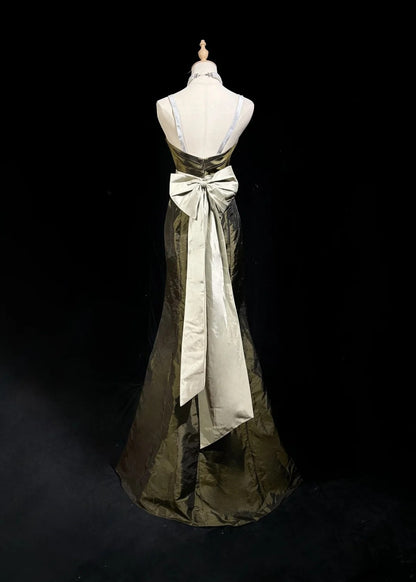 Vintage Prom Dresses Inspo Meerjungfrau Spaghettiträger Olivgrün Lang 1990er Mit Cape Formelle Kleider N3327