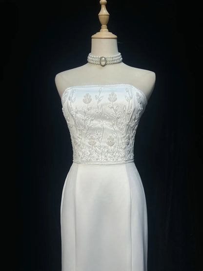 Vintage 90er Brautkleider Meerjungfrau Trägerlos Satin Weiß Perlen Sommer Garten Langes Brautkleid N3823