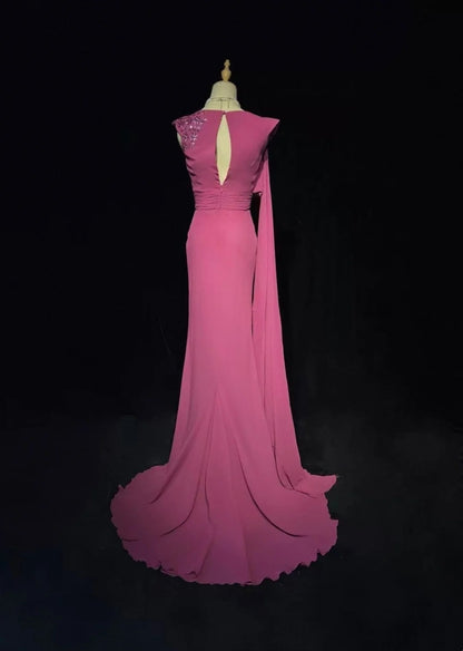 Robes de bal vintage Sirène Asymétrique Rose vif Mousseline sans manches Années 90 Longue Robe de soirée formelle N2638