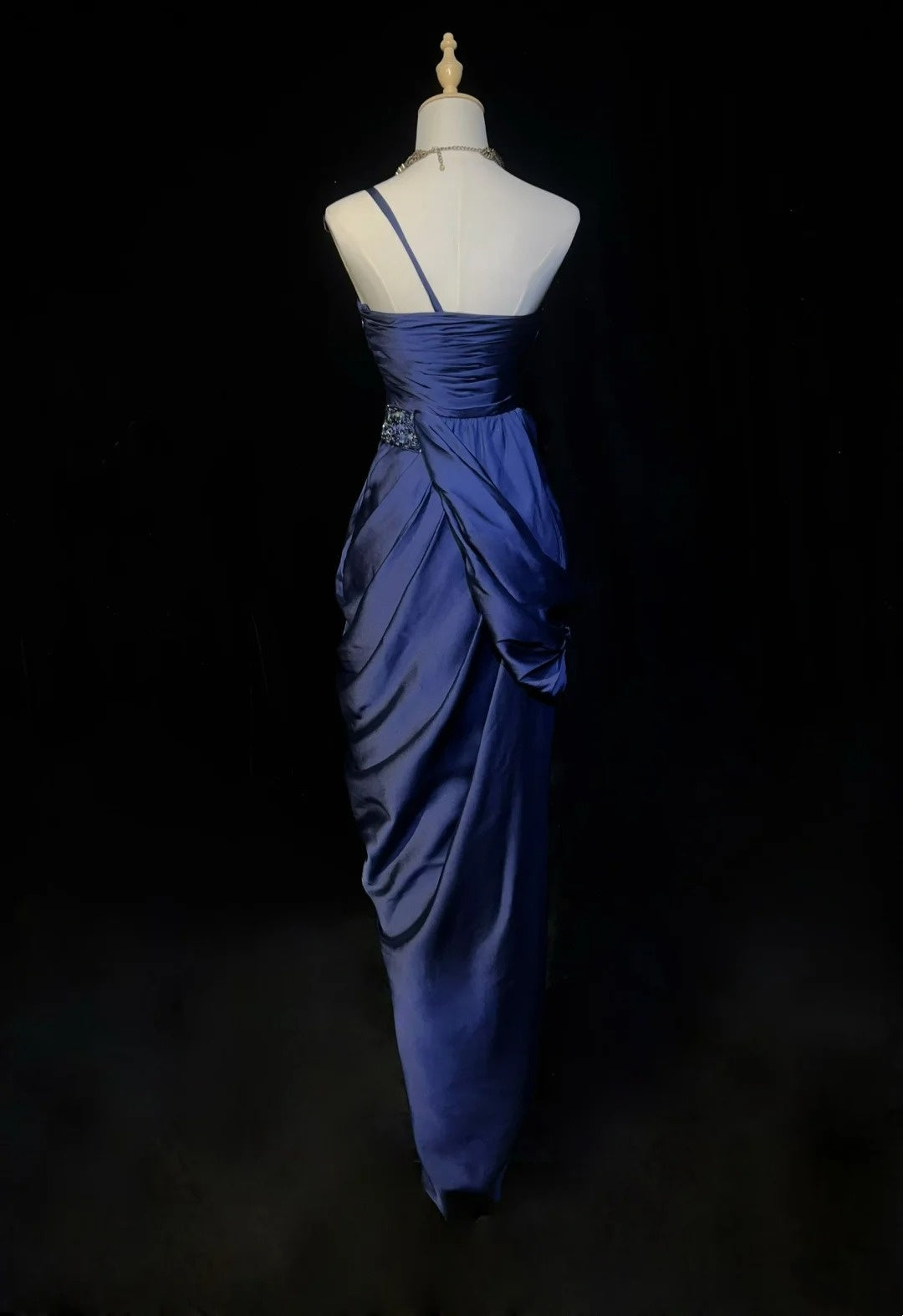 Vintage Prom Dresses Sheath Navy Blue Satin 1990s Long Formal Evening Gown N2663