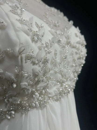 Robes de mariée de fantaisie de conte de fées A ligne Scoop Perles blanches Robe de mariée longue Robes de mariée N2600