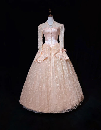Prinzessin Abschlussballkleider Ballkleid V-Ausschnitt Rosa Spitze mit langen Ärmeln mit Perlen Formelle Abendgarderobe N3878