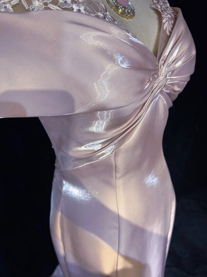 Robes de Bal Vintage, Inspiration Sirène, Épaules Dénudées, Satin Rose Années 80 avec Dentelle, Robes de Soirée N3374
