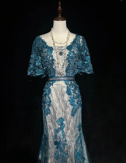 Inspiration Robes de bal vintage Sirène Dentelle Bleu Tulle Dentelle Années 80 avec Appliques Robes de soirée N3366
