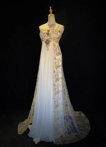 Robes de bal vintage des années 90, en mousseline blanche, coupe trapèze, bretelles spaghetti avec dentelle dorée, tenues de soirée formelles N3849