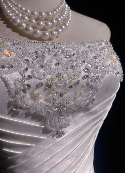 Robes de bal vintage des années 90 sirène bustier en mousseline blanche avec perles à volants longue robe de bal N3036