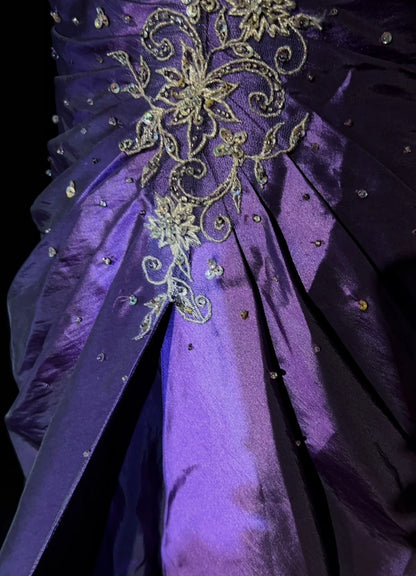 Robes de bal vintage sans bretelles violettes avec application de dentelle dorée, tenue de soirée longue années 80 N3886