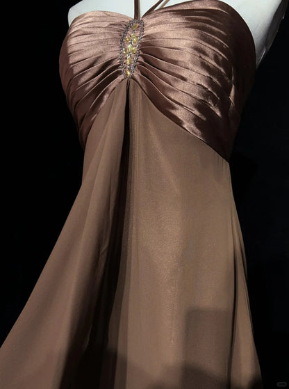 Robes de Bal Vintage, Coupe Droite, Col Halter, Marron, Sans Manches, Mousseline, Années 80, Longue Robe de Soirée N2759
