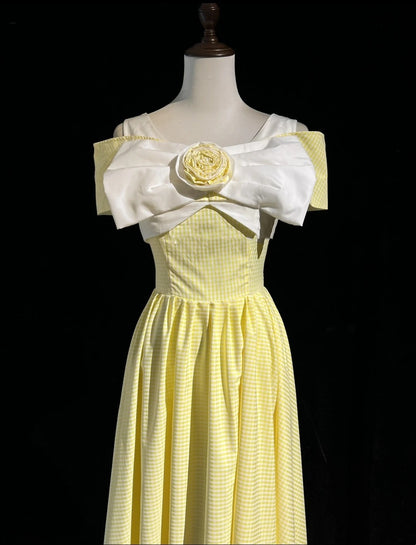 Vintage Ballkleid A-Linie Gelb Gitter Satin 80er Jahre Abendkleid RB3277