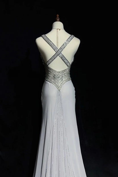 Robes de bal vintage sirène bustier en cœur mousseline grise avec perles robe de soirée longue années 1970 N2614