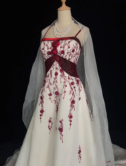 Einzigartige Brautkleider A-Linie Spaghettiträger Bordeaux Stickerei Weiß Strand Sommer Mit Cape Boho Langes Brautkleid N3308