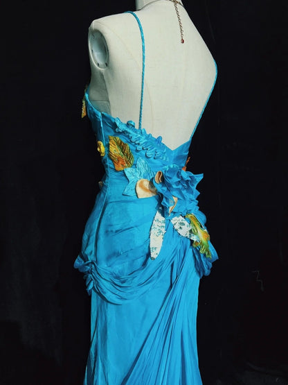 Bescheidene Ballkleider Meerjungfrau Spaghettiträger Blau Chiffon Ärmellos Mit Blatt Formelles Abendkleid N3841