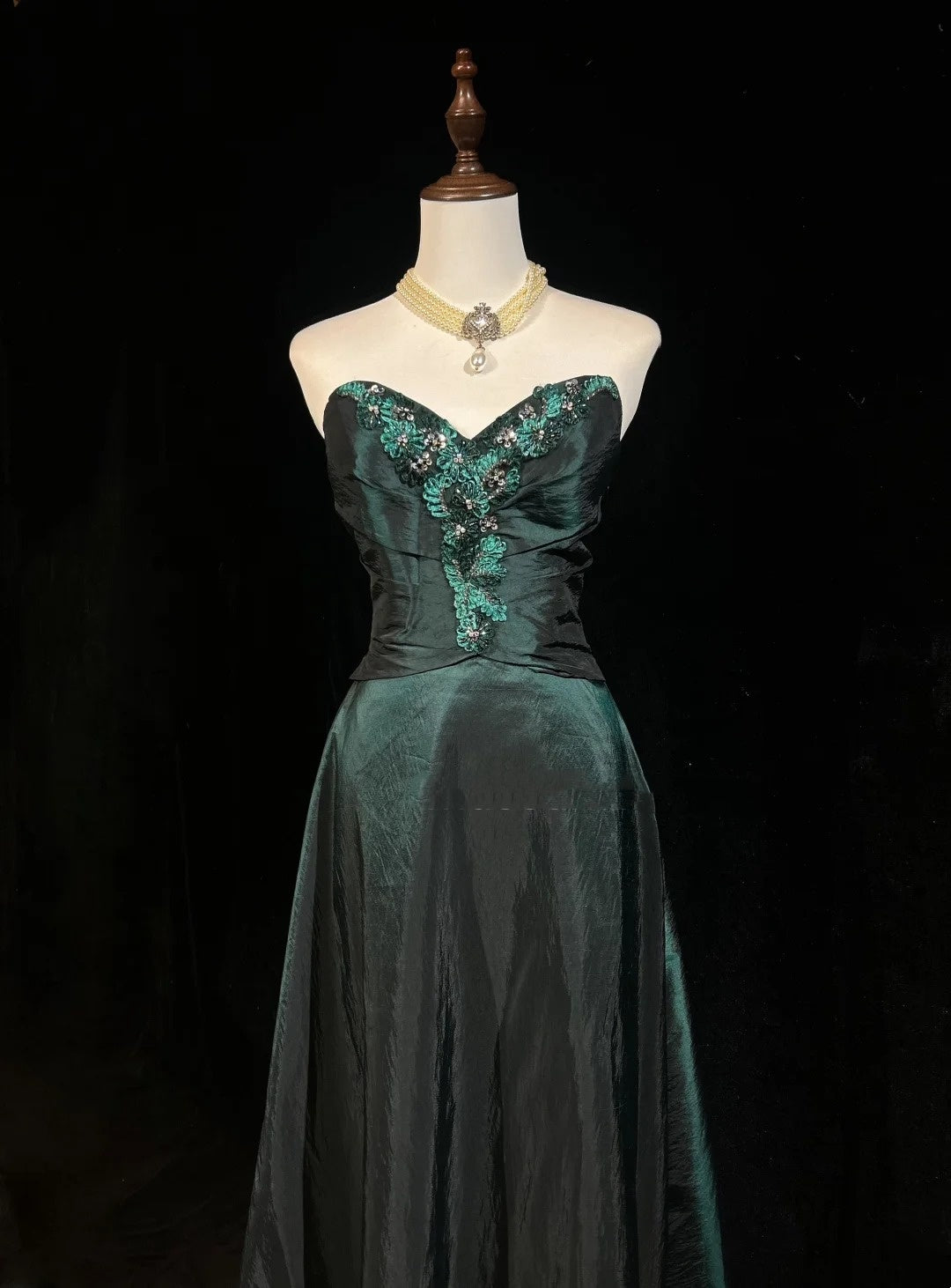 Robes de bal vintage Esthétique années 80 Rétro Coupe trapèze Col cœur Vert foncé Robes de soirée longues N2324