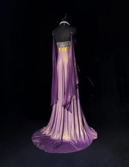 Bezaubernde Ballkleider A-Linie Spaghettiträger Lila Chiffon Mit Cape Langes formelles Abendkleid N3897