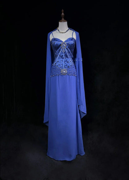 Vintage Prom Dresses 1960s Mermaid Spaghetti Strap Royal Blue With Beaded Cape Long Prom Gown N3118