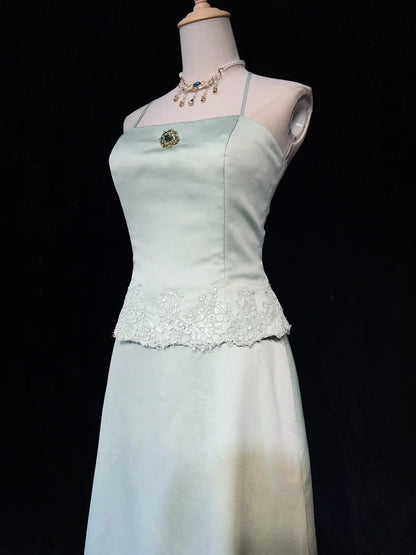 Bescheidene Ballkleider-Inspiration A-Linie Neckholder Hell Salbeigrün Satin mit Spitze für Damen Festliches Kleid N3225