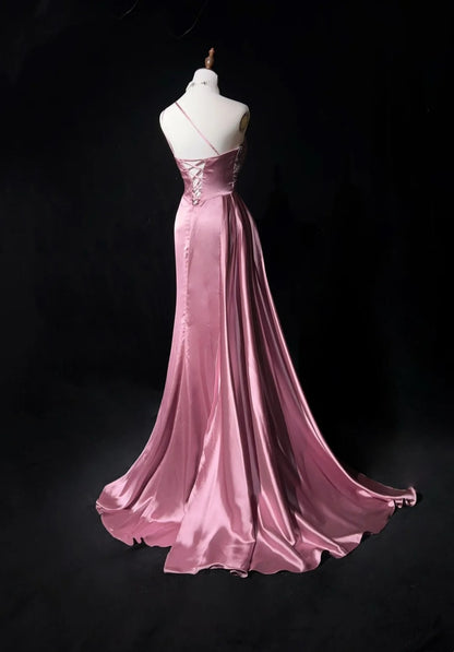 Robes de bal vintage, inspiration sirène, asymétrique, satin avec perles, fente, robe de soirée longue années 80 N2735