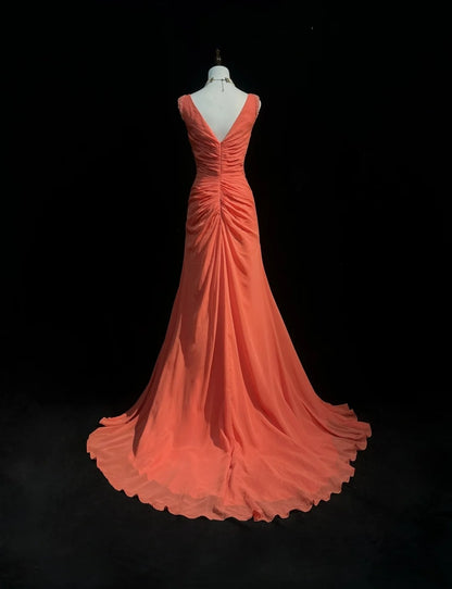 Robes de bal vintage des années 2000 Sirène Col en V Orange Mousseline avec perles à volants Longue robe de bal N3093