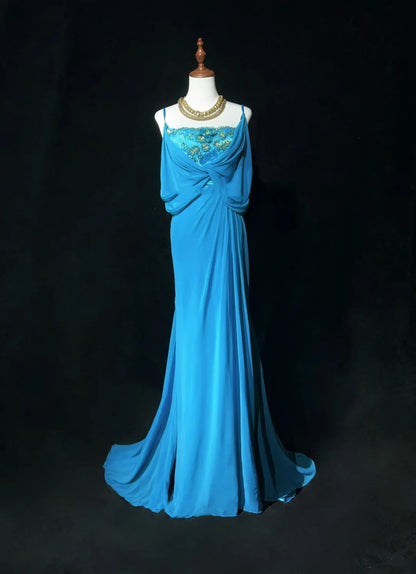 Gothic Glam Meerjungfrauen-Abschlussballkleider mit Spaghettiträgern, blauem Chiffon, ärmellos, mit Perlen, halb-formales Abendkleid N3819