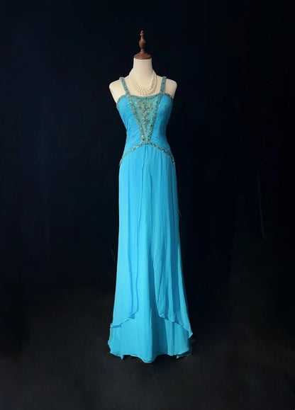 Vintage Abschlussballkleider A-Linie Neckholder Blau Chiffon mit Perlenverzierung Cape Formelle Abendgarderobe N3853