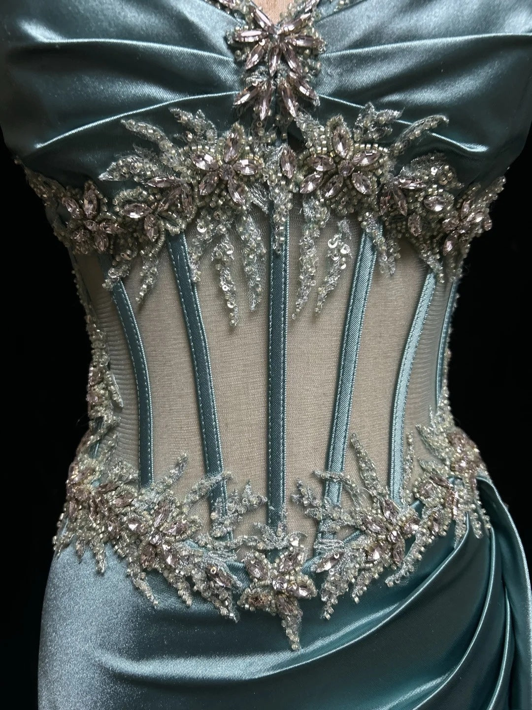 Elegante Abschlussballkleider Inspiration Meerjungfrau Spaghettiträger Blau Satin Mit Rüschen und Perlen Für Damen Abendkleid N3228
