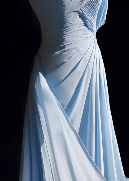 Vintage Meerjungfrau-Abschlussballkleider Schulterfrei Hellblau 70er Jahre mit Rüschen Chiffon Langes festliches Partykleid N2517