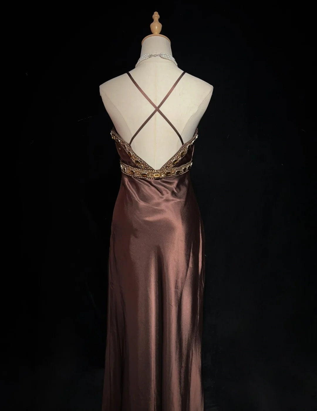 Vintage Prom Dresses A Line Halter Brown Sleeveless Satin 1980s Long Formal Gown N2859