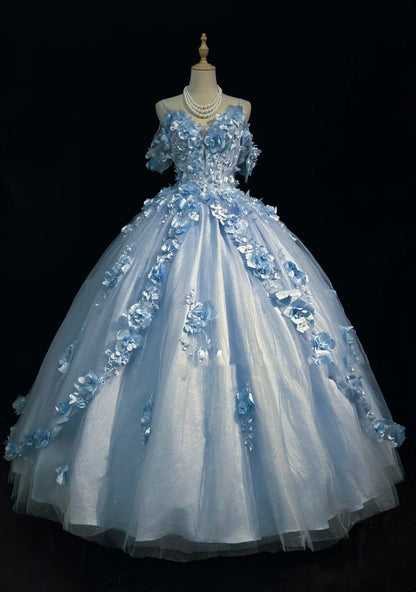 Magnifique robe de bal de promo en tulle bleu, style princesse, avec des appliqués, décolleté épaules dénudées, longue robe de soirée N2926