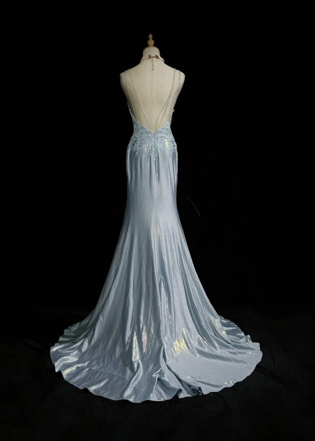 Robes de Bal Modestes Sirène à Bretelles Fines Bleu Ciel Clair avec Appliques Tenues de Soirée N3690
