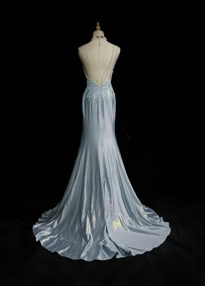 Robes de Bal Modestes Sirène à Bretelles Fines Bleu Ciel Clair avec Appliques Tenues de Soirée N3690