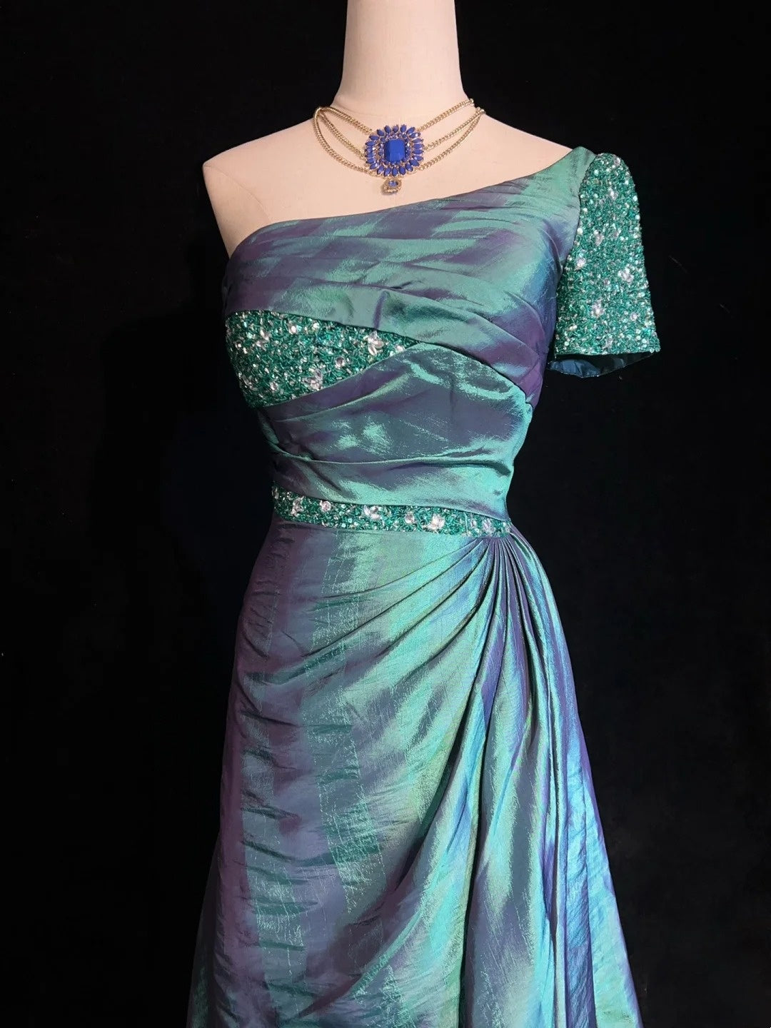 Bescheidene Ballkleider Meerjungfrau Ein Schulter Blau Satin Mit Perlen Lang Abendmode N3467
