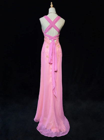 Bescheidene Ballkleider Inspo Meerjungfrau V-Ausschnitt Rosa Chiffon mit Rüschen-Perlenstickerei für Damen Festliches Kleid N3231