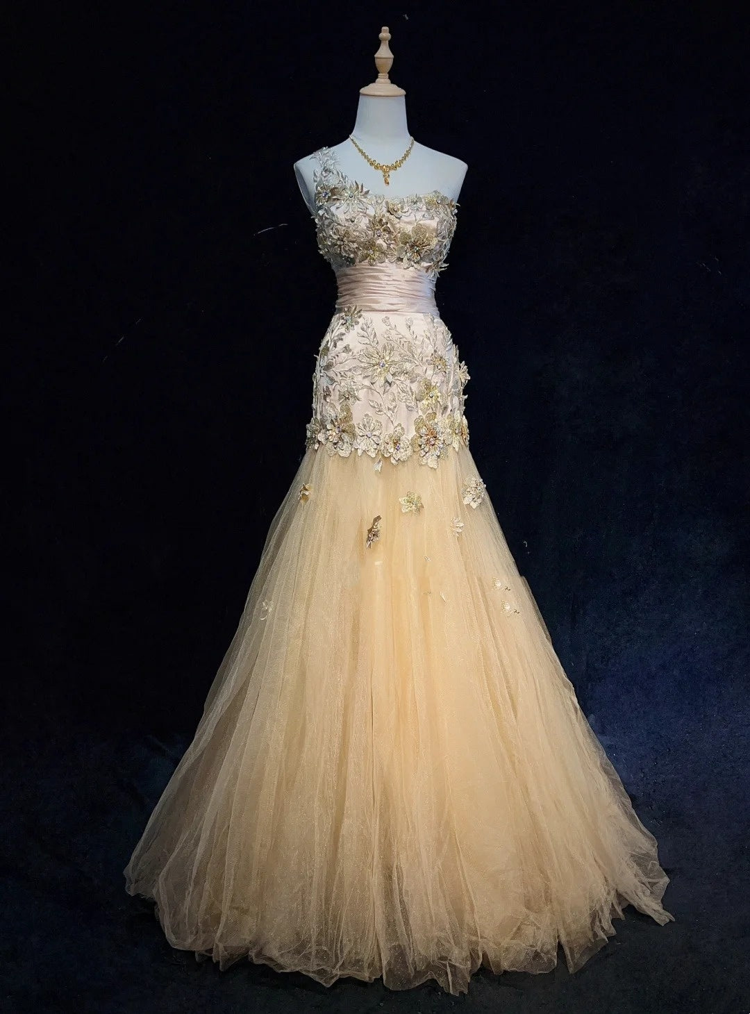 Vintage Prom Dresses Inspo Mermaid One Shoulder Tulle Gold 90s With Appliqued Formal Gowns N3343
