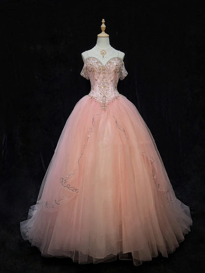 Princess Prom Dresses Inspo Ball Gown Pink Tulle Long With Beading Formal Gowns N3392