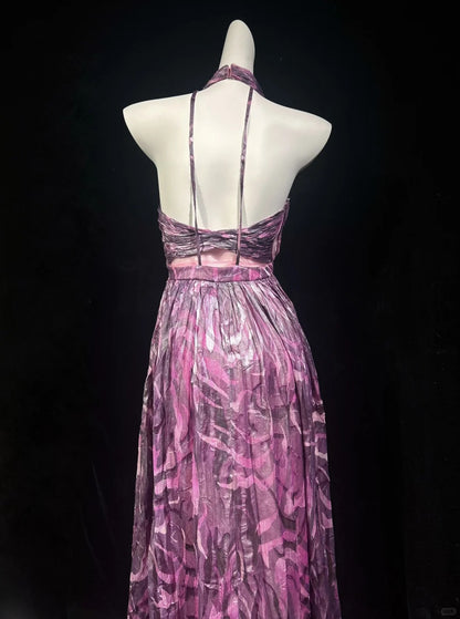Vintage Prom Dresses 1960s A line Halter Sleeveless Pink Lace Long Evening Formal Outfits RB5143