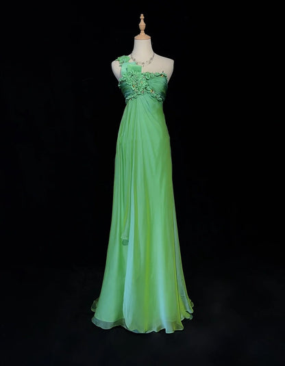 Exquisite Prom Dresses A Line One Shoulder Green Chiffon With Flowers Long Formal Dress N2889