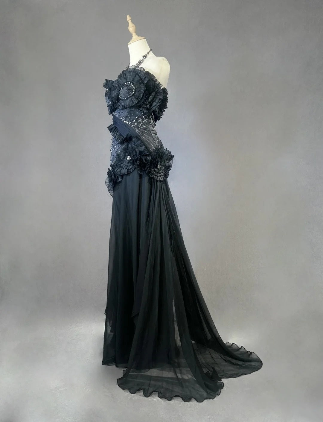 Robes de bal vintage Sirène Bustier Robe de soirée noire en mousseline de soie avec perles Robe de soirée longue années 1980 N2621
