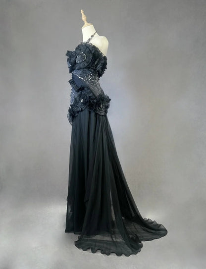 Robes de bal vintage Sirène Bustier Robe de soirée noire en mousseline de soie avec perles Robe de soirée longue années 1980 N2621