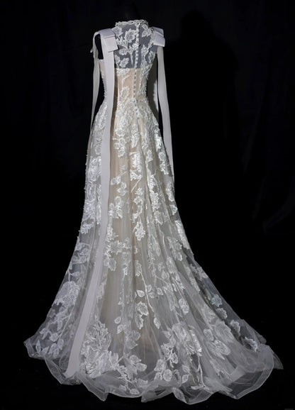 Robe de mariée luxueuse, coupe trapèze, col rond, dentelle, modèle AB2520