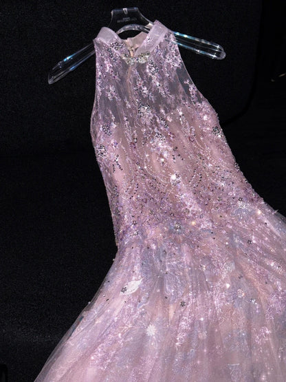 Robe de soirée longue en tulle rose, coupe trapèze, idéale pour un bal de promo ou un anniversaire de 18 ans (N731)