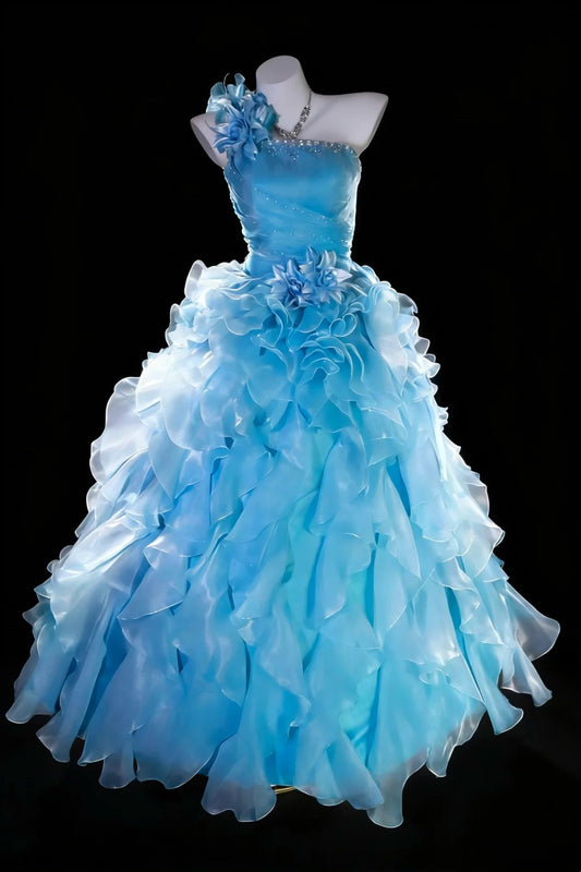 Märchenhafter Ballkleid, schulterfrei, eisblau, gestufte Lagen, Organza, Quince Prom Kleider, Quinceanera Kleid N2965