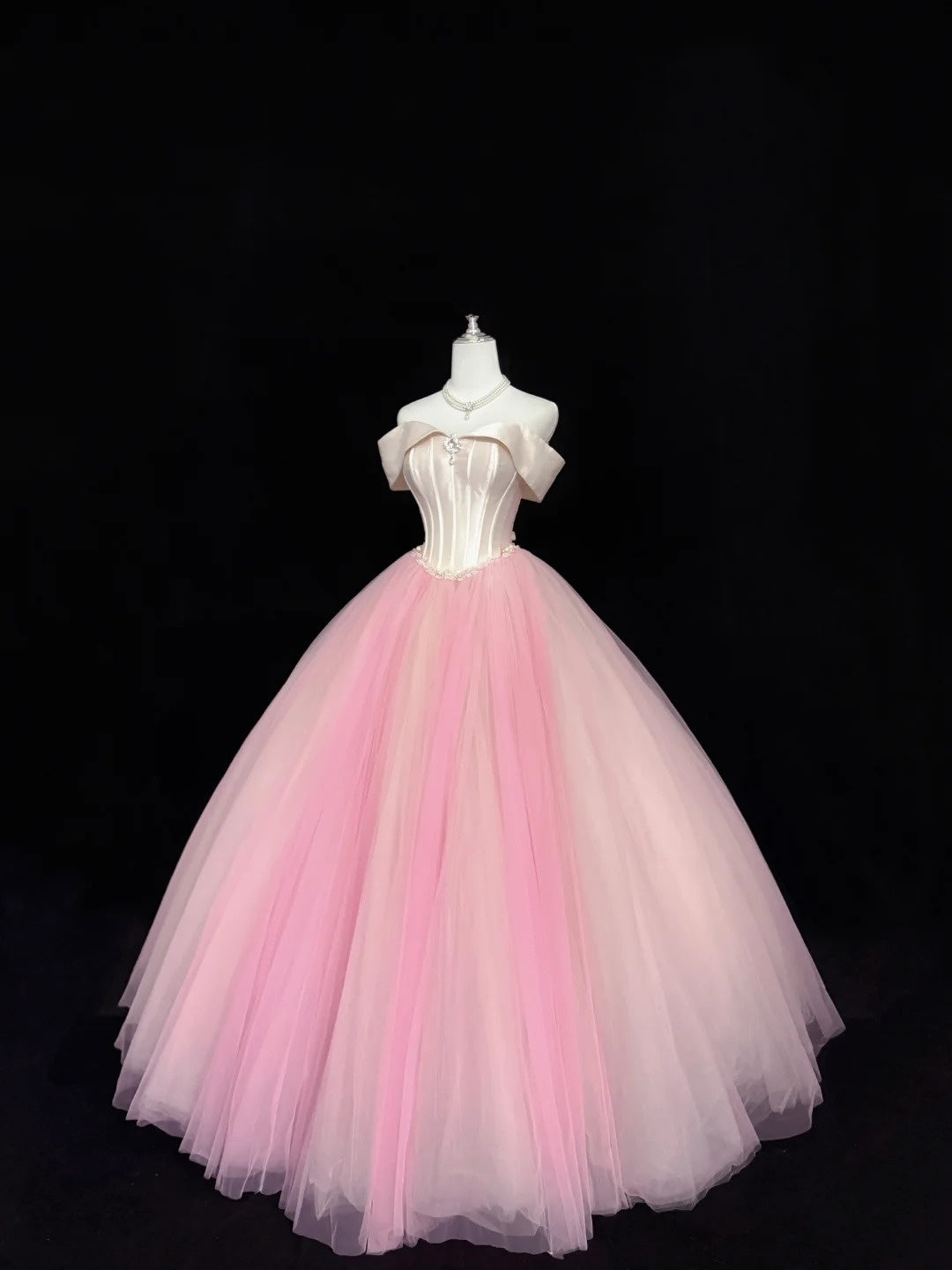 Tulle Prom Dress Long Floor Length Ball Gown Off Shoulder Blush Pink With Sleeves Formal Evening Gown For Women RC0257