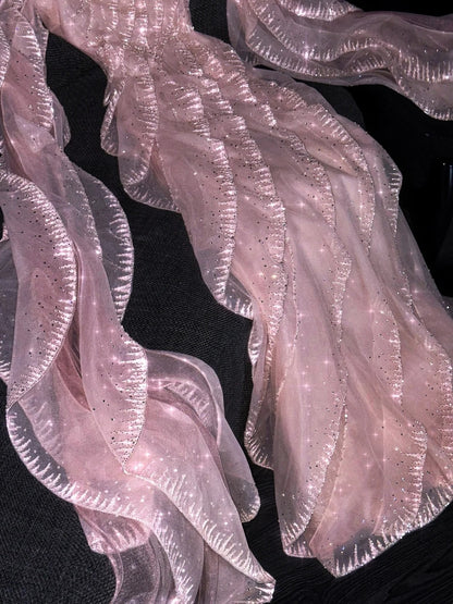Robe de soirée longue rose à paillettes, coupe trapèze, épaules dénudées, ornée de sequins, idéale pour un bal de promo ou un anniversaire de 18 ans (N733)