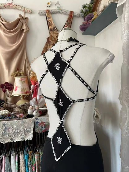 Vintage-Abendkleider, ästhetisch, Meerjungfrauen-Stil, V-Ausschnitt, schwarzer Chiffon, lang, Inspiration für formelle Anlässe N1989