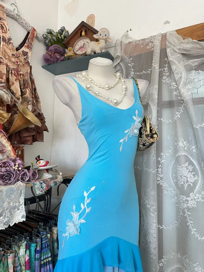 Vintage Mermaid Blue Spaghetti Strap Chiffon Sleeveless Formal For Women Girls Teens Prom Dresses N2250