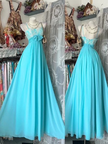 Flamboyant A line Spaghetti Strap Blue Chiffon Lace Date Night Evening Outfit Formal Prom Dresses RB5289