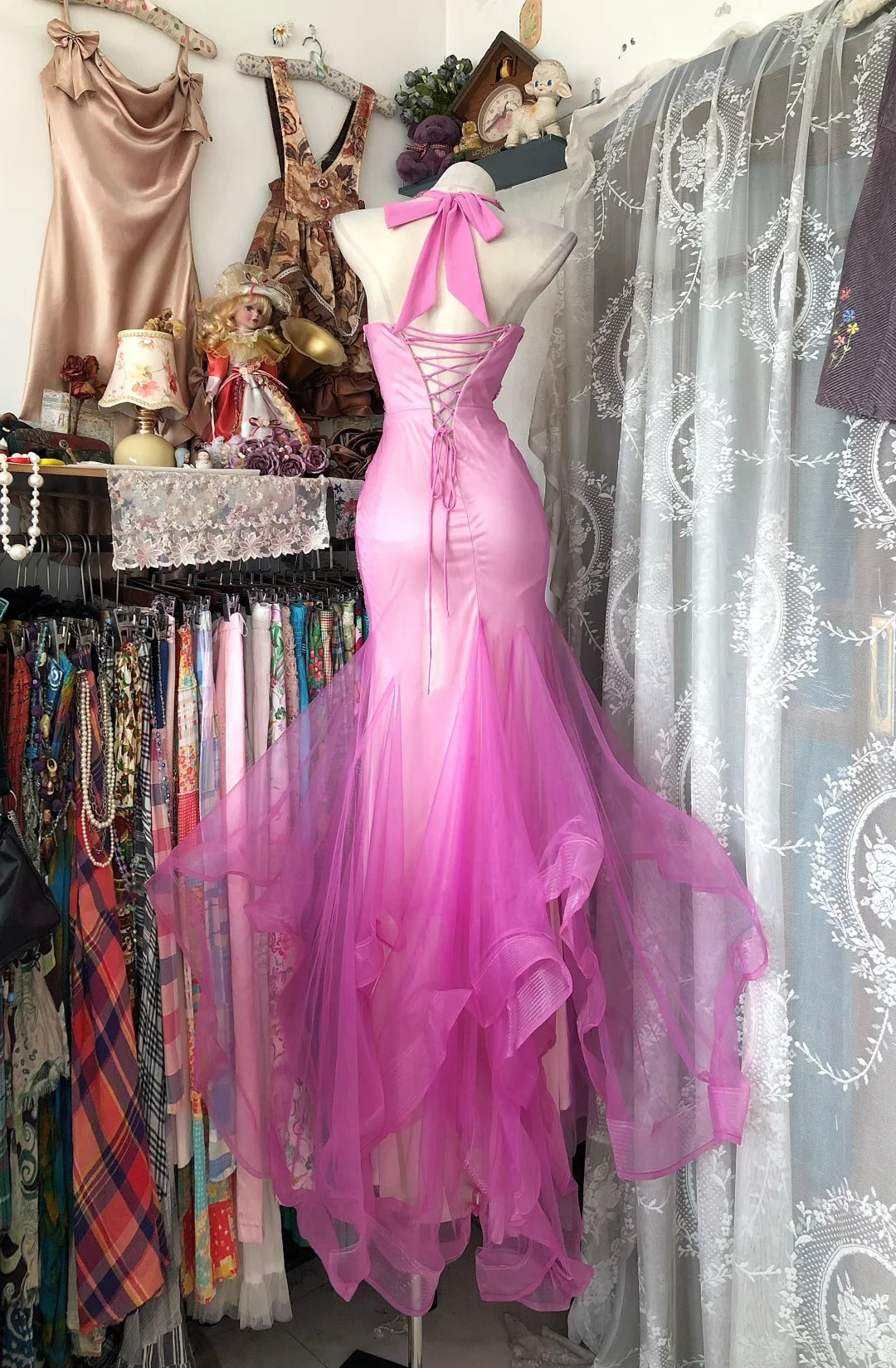 Vintage Prom Dresses Mermaid Halter Pink Tulle 80s Retro Party Evening Formal Outfits RC1100